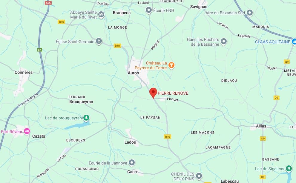 Carte Google Maps centrée sur Pierre Renove près d'Auros, Gironde. Routes D10, A65, E7 et villes comme Brouqueyran, Savignac, Didjaou sont visibles.